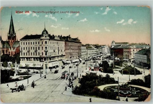 1140 Wien 14. Bezirk, Penzing - Mariahilfergürtel mit Leucht Obelisk Straßenbahn Tram Kutsche Cafe Kirche