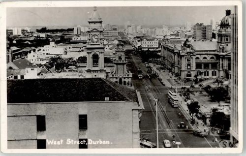 Durban West Street Straße Kirchturm Straßenbahn Doppelstockbus