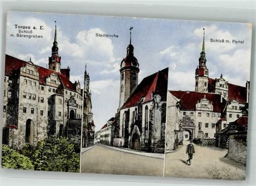 Torgau 1929 Schloss mit Bärengraben und Portal Stadtkirche