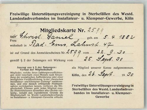 Köln Kalk 802 1930 Freiwillinge Unterstützungsvereinigung in Sterbefällen des Westdeutschen Landesfachverbandes im Installateur- und Klempner-Gewerbe Geschäftskorrespondenz Mitgliedskarte