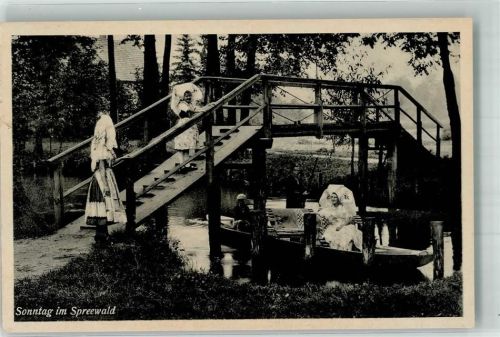 Burg Sonntag im Spreewald Spreekahn Volkstrachten Brücke Ort lt. Stempel