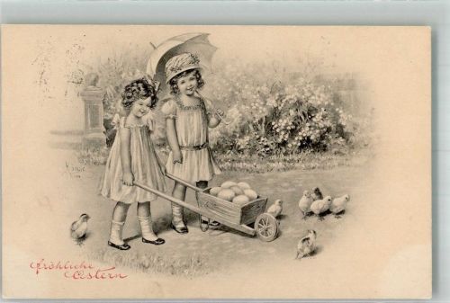 1912 Ostern Kinder Küken Eier Schubkarre B.K.W.I. 4136-3
