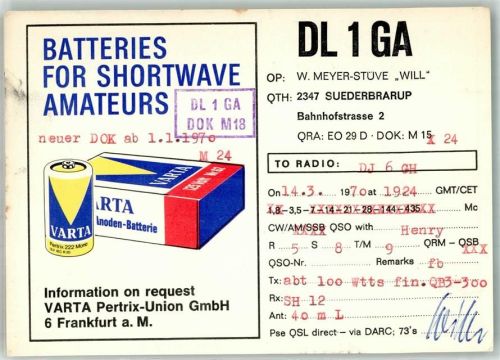 Süderbrarup Amateurfunk QSL Karte DL1GA Werbung VARTA Batterie