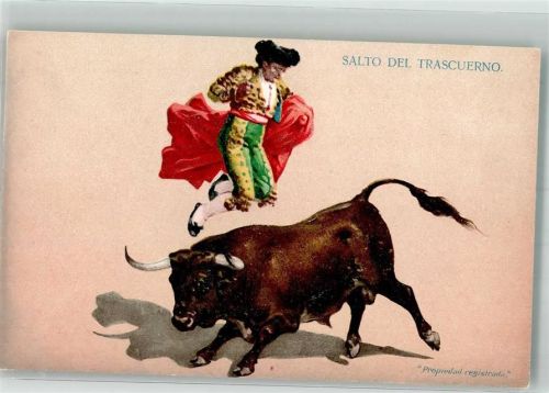 Torero mit rotem Tuch springt vor dem Stier in die Höhe