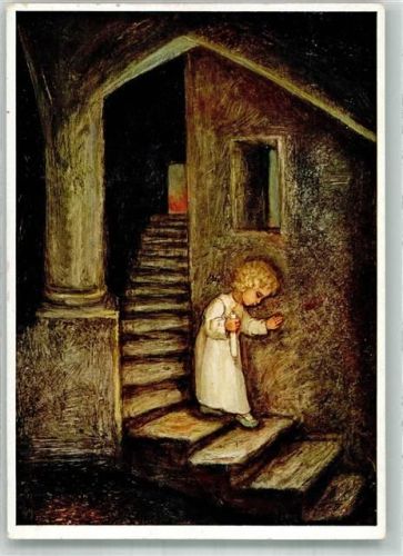 Kleines Kind mit Kerze auf einer dunklen Treppe Nr. 339