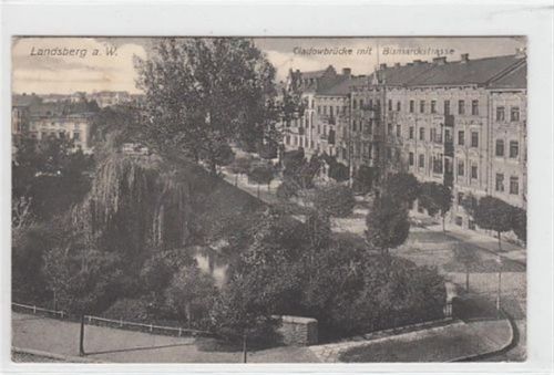 Landsberg a. W. / Gorzów Wielkopolski. Cladowbrücke Bismarckstrasse gelaufen 1912. Leichter Bug oben links, sonst gut erhalten