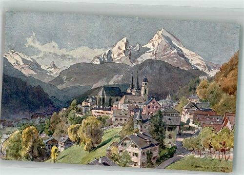 Berchtesgaden 1913 Panorama des Ortes mit Stiftskirche und Watzmann Hüttenstempel Salet-Alpe