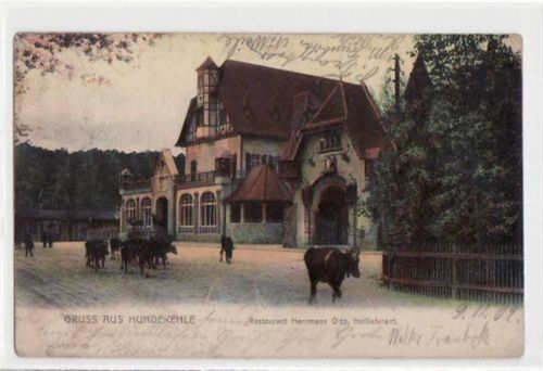 Berlin Wilmersdorf, Grunewald mit Gruss a.d. Restaurant Hundekehle gelaufen von 1902 kleiner Knick oben und unten rechts, leicht abgerundete Ecke n, Vorder- und Rückseite fleckig, sonst gut erhalten