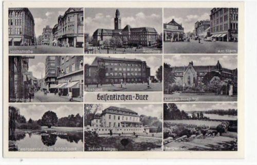 Gelsenkirchen Buer, 9 Abbildungen mit Hochstraße u. Postamt gelaufen, mit Marke und Stempel von 1959. Gute Erhaltung.