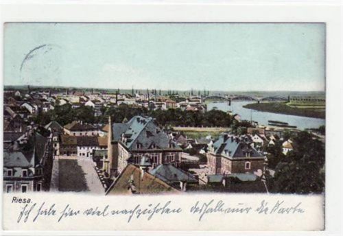 Riesa Riesa mit Gesamtansicht gelaufen von 1908. Leichte Stempelspuren, sonst gut erhalten.