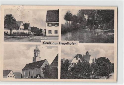 Hegelhofen mit Kirche und Straßenpartie gelaufen. Leichte Stempelspuren, sonst gut erhalten