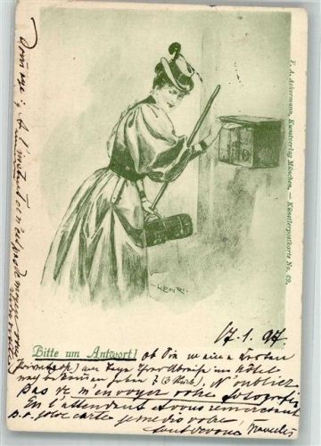 1898 sign. Henri Elegante Frau wirft einen Brief ein Ackermann's Kunstverlag No. 69 Adelskorrespondenz