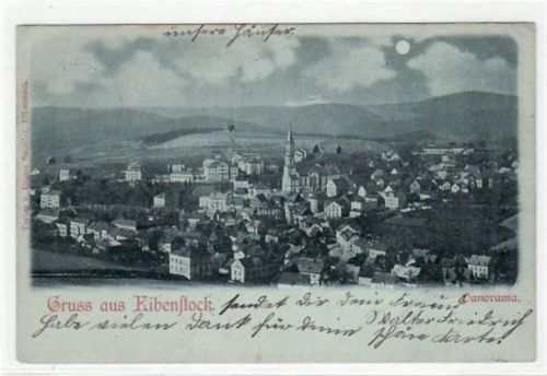 Eibenstock Eibenstock, Mondscheinkarte mit Panorama gelaufen von 1898. Leichter Stempeldurchdruck, kleiner Knick oben rechts, sonst gut erhalten