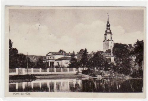 Ponitz mit Blick auf die Kirche gelaufen und Bahnpoststempel von 1930. Gute Erhaltung.