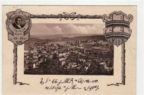 Aue, Rahmenkarte mit Gesamtansicht und Wappen gelaufen von 1926 kleiner Riß rechter Rand, sonst gut erhalten