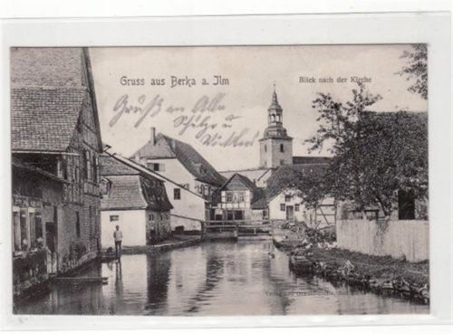 Gruss aus Berka a. Ilm mit Blick nach der Kirche gelaufen 1907. Gute Erhaltung.