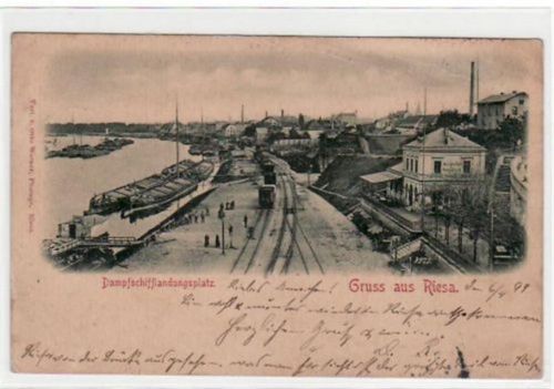 Riesa Riesa mit Dampfschifflandungsplatz gelaufen von 1899. Oben rechts leicht bügig, leicht stockfleckig, sonst gut erhalten.