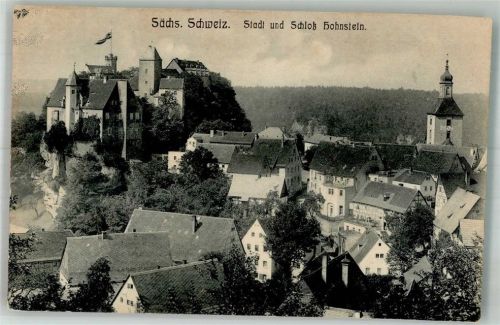 Hohnstein Panorama des Ortes mit der Stadtkirche und Schloss Hohnstein Verlag Max Köhler 1742