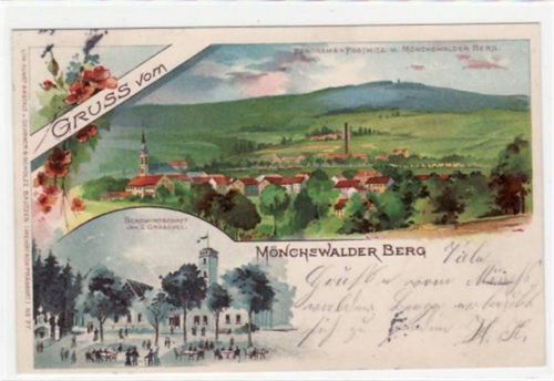 Mönchswalder Berg Mönchswalder Berg, Lithographie mit Bergwirtschaft und Panorama von Postwitz und Mönchswalder Berg gelaufen von 1900. Leichte Stempelspuren, sonst gut erhalten.