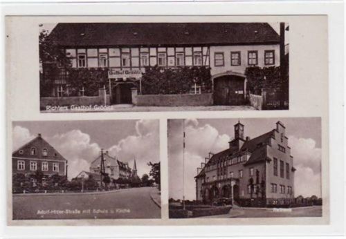 Gröditz Gröditz mit Gasthaus Richter, Rathaus, Schule und Kirche in der Adolf Hitler - Straße ungelaufen Leichter Bug oben rechts, sonst gut erhalten. WK II