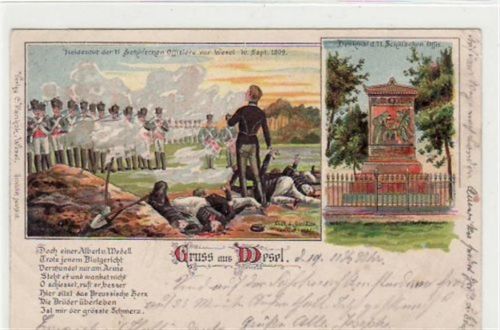 Wesel, Lithographie mit 2 Abbildungen gelaufen, mit Marke und Stempel von 1902 kleiner Knick oben rechts, kleiner Riß oben links, leicht stockfleckig, sonst gut erhalten