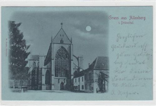 Gruss aus Altenberg im Dhünnthal Dom im Mondschein gelaufen, 1899. Stempeldurchdruck, kleiner Fleck Rückseite, sonst gut erhalten