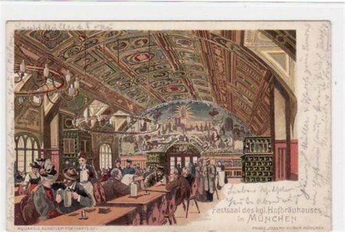 München München , Lithographie mit Festsaal des kgl. Hofbräuhauses gelaufen von 1900. Gute Erhaltung.