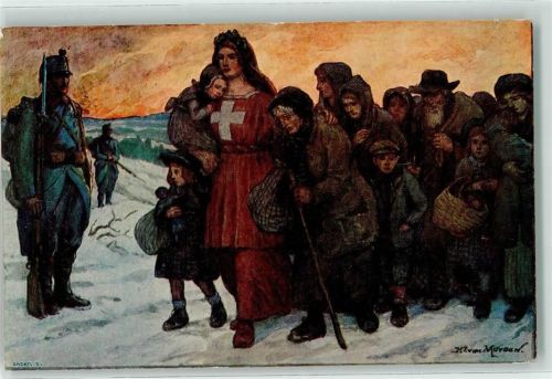 Helvetia gibt den Flüchtlingen Schutz AK Flüchtling 1915 Künstlerkarte