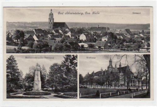 Bad Schmiedeberg Bad Schmiedeberg mit Radfahrerbundes - Denkmal, Gesamtansicht und Kurhaus gelaufen und Bahnpoststempel von 1932, Zug Nr. 2224. Gute Erhaltung.