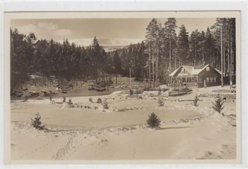 Krummhübel Krummhübel - Karpacz / Kreis Hirschberg - Jelenia Góra im Riesengebirge. Eisbahn an der Talsperre Talsperrenbaude Blick nach den Teichrändern ungelaufen Top Erhaltung.