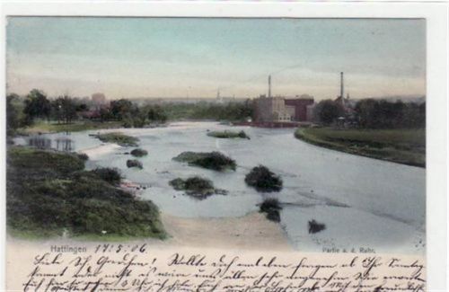 Hattingen mit Partie an der Ruhr gelaufen, mit Marke und Stempel von 1906. Gute Erhaltung.