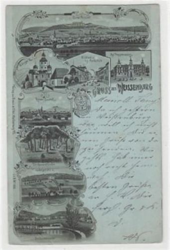 Weissenburg, Mondschein Lithographie, Ellinger Thor, Wildbad königl. Realschule, Römer Castell, Römerbrunnen, Ludwigshöhe, Sommerkeller Progymnasium gelaufen, 1898. Knick unten links, leicht stockfleckig, sonst gut erhalten