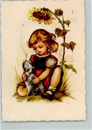 Mädchen Hund Sonnenblume AK