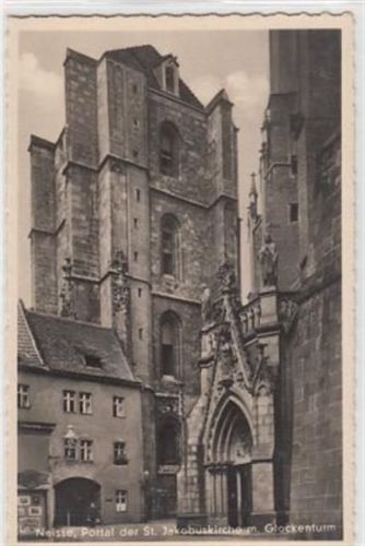 Neisse / Nysa. Portal der St. Jakobuskirche Glockenturm ungelaufen Rückseite leicht stockfleckig, sonst gut erhalten