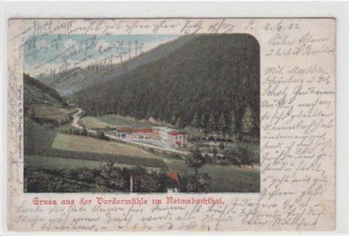 Waldenburg Gruss aus der Vordermühle im Reimsbachtha / Kreis Waldenburg - Walbrzych gelaufen. Marke entfernt. Vorder- und Rückseite stockfleckig, sonst gut erhalten