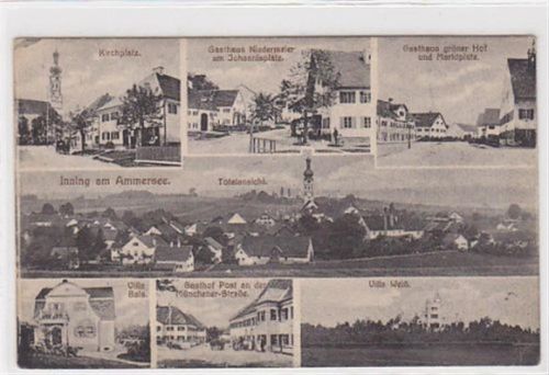Inning am Ammersee. Kirchplatz Gasthaus Niedermeier am Johannisplatz Gasthaus grüner Hof Marktplatz Totalansicht Villa Bals Gasthof zur Post an der Münchener-Straße Villa Weiß. Ungelaufen. Gute Erhaltung.