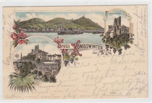 Königswinter, Lithographie mit Restauration Drachenfels, Ruine Drachenfels und Blick auf Königswinter gelaufen, 1903. Leicht bügig, leicht fleckig, kleiner Knick unten rechts, sonst gut erhalten