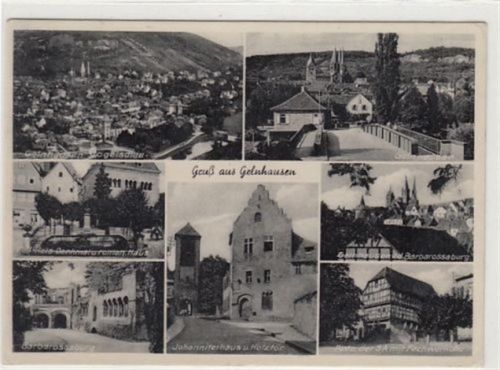 Gelnhausen Gelnhausen. 7 Abbildungen von der Stadt. Barbarossaburg Johanniterhaus Holztor gelaufen, 1940. Leichter Stempeldurchdruck, leicht bügig, sonst gut erhalten