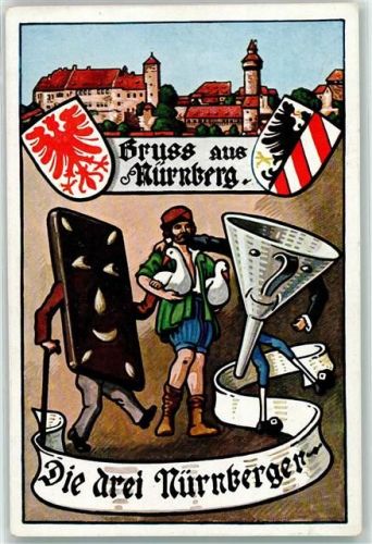 W8500 Nürnberg Die drei Nürnberger vermenschlicht , Wappen Lebkuchen 1927