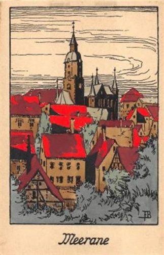 Künstlerkarte Meerane. Teilansicht der Stadt ungelaufen Klebereste Rückseite, sonst gut erhalten