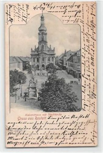 Rastatt Rastatt. Kaiserstraße mit Stadtkirche gelaufen. Marke entfernt. Leichte Stempelspuren, kleiner Knick oben rechts, leicht fleckig, sonst gut erhalten