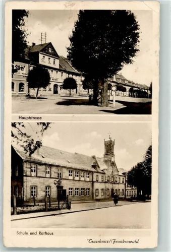 96358 W8641 Teuschnitz Gebrauchsspuren Hauptstraße Schule und Rathaus