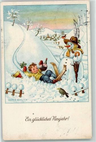 1952 mit Regenschirm Neujahr Kind Skilauf sign. Doris Ehrlich Künstlerkarte AK