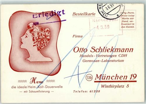 1959 Werbung Dauerwelle Hexe Bestellkarte