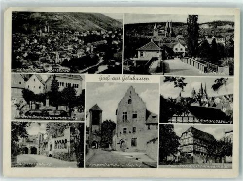 Gelnhausen Vogelschhau Phil. Reis Denkmal u. roman. Haus Barbarossaburg Johanniterhaus u. Holztor Platz der SA mit Fachwerkbau WK II