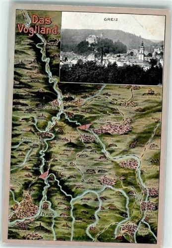 07973 O6600 Greiz 1907 Gebrauchsspuren Vogelschau Landkarte Das Vogtland