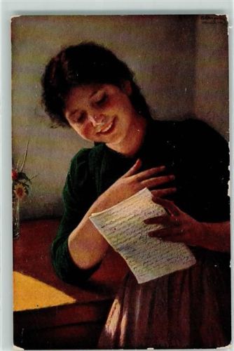 sign. C.v. Bergen - Mädchen erfreut über den Liebesbrief AK