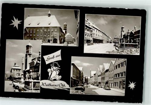 82362 W8120 Weilheim i. OB Foto AK Brunnen Autos VW Käfer Säule Kirche Geschäfte Müller Winter Schnee Schneemann