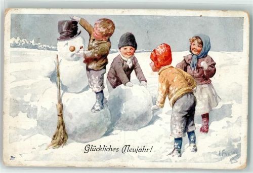 1918 sign. Feiertag, Karl Neujahr Kinder bauen einen Schneemann AK