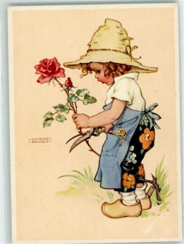 Mädchen Rose Schere Gartenarbeit sign Lungers Hausen Holzschuh Künstlerkarte